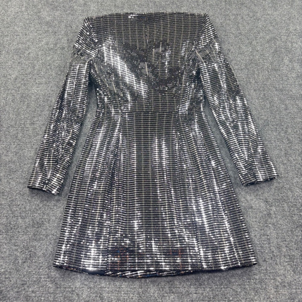 Zara Basic Sequin Mini Dress Size 4 Silver Festive Long Sleeve V-Neck NWT Womens - Picture 5 of 7